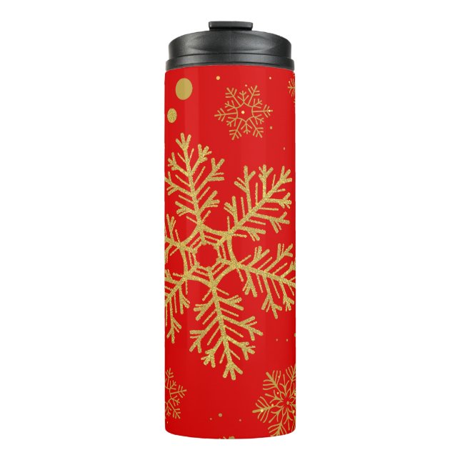 Termo Copos de nieve dorados en rojo (Anverso)