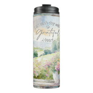 Termo Corazón agradecido acuarela floral ventana 
