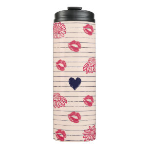 Termo Corazones rojos, labios, patrones de margaritas.