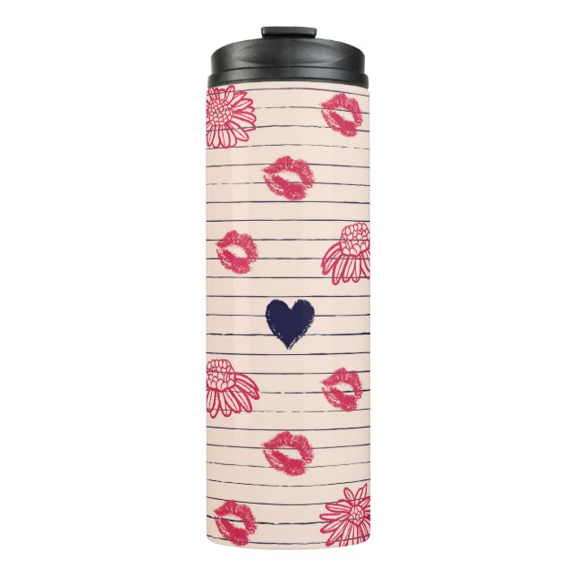 Termo Corazones rojos, labios, patrones de margaritas. (Anverso)