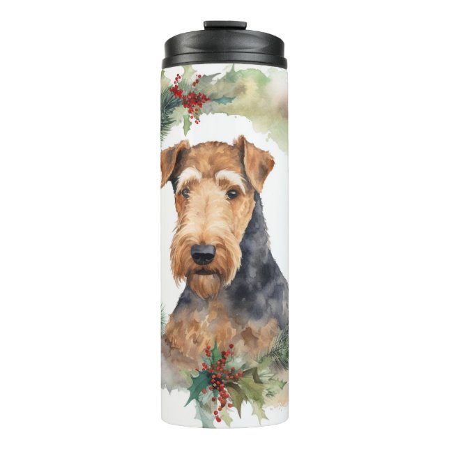 Termo Corona de Navidad Airedale Perro Festivo (Anverso)