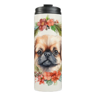 Termo Corona de Navidad de Pekinés Cachorro Festivo