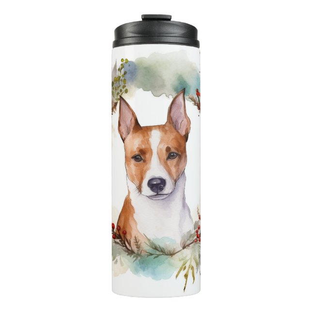 Termo Corona Navideña de Basenji Perro Festivo (Anverso)