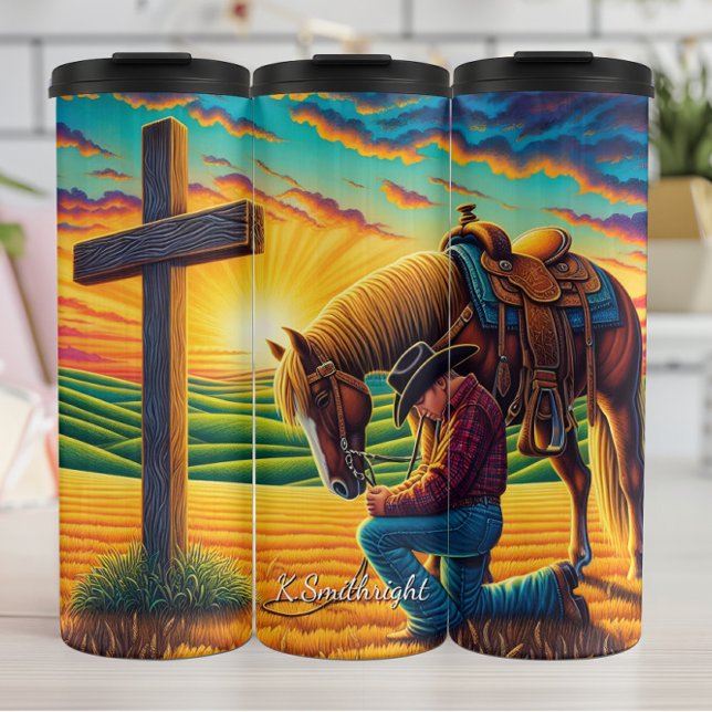 Termo Cowboy Praying Horse Cross Sunset (Subido por el creador)