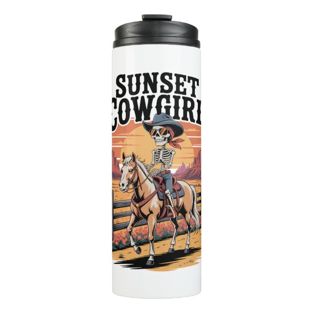 Termo Cowgirl Skeleton Montando Caballo (Anverso)