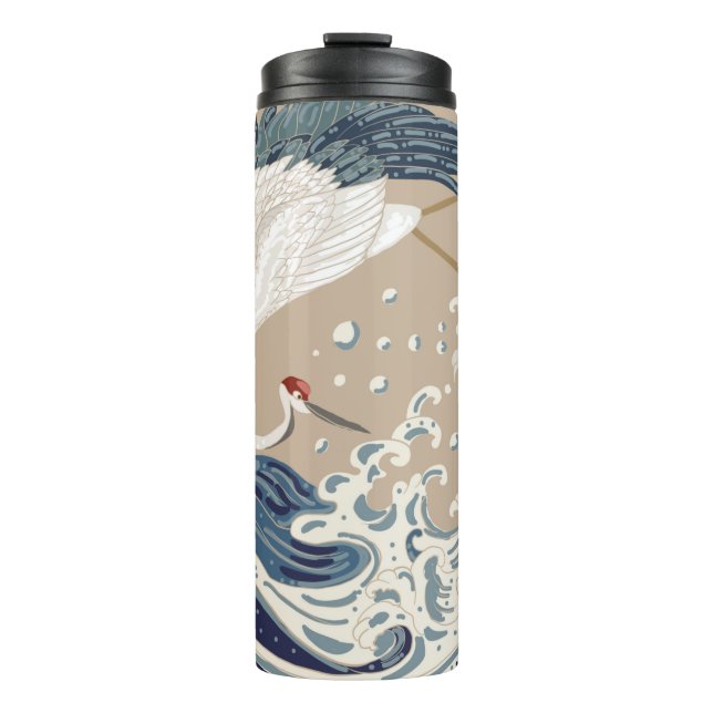 Termo Crane and Japanese wave illustration. Traditional  (Anverso)