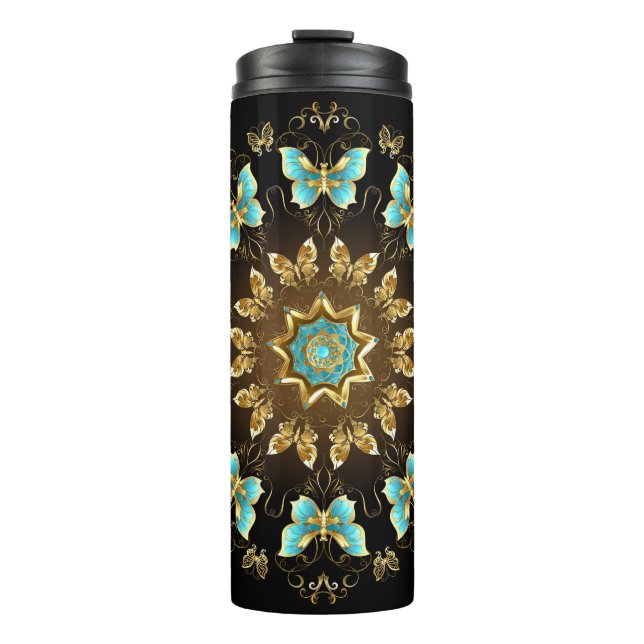 Termo Crea tu propia mariposa azul y dorada Mandala (Anverso)