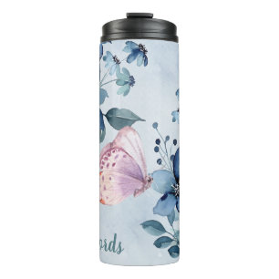 Termo Crea tu propia mariposa rosa y flores azules