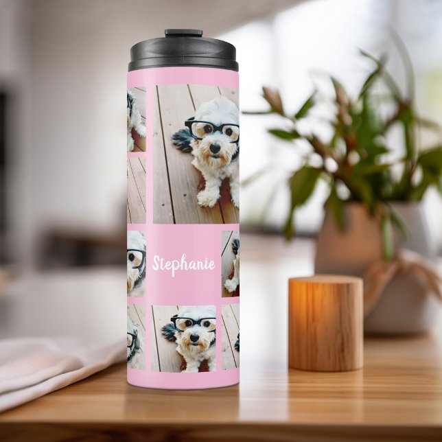 Termo Crear un Collage de fotos Personalizado con 8 foto (Personalized bottle with photos and text)