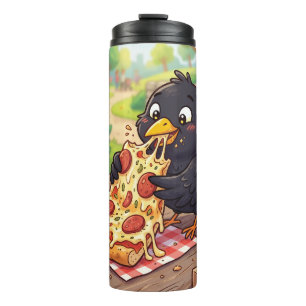 Termo Cría de mirlo negro dibujado comiendo pizza