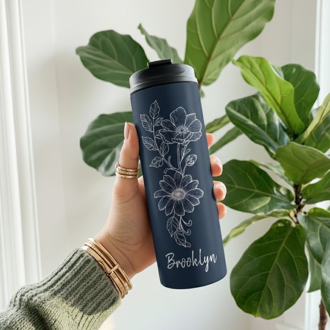 Termo Custom Blue Floral Tumbler Gift for Bridesmaids (Deep Blue Wildflower Tumbler Bridesmaid Gift for Her, Custom Floral Thermal Tumbler Gift for Women)