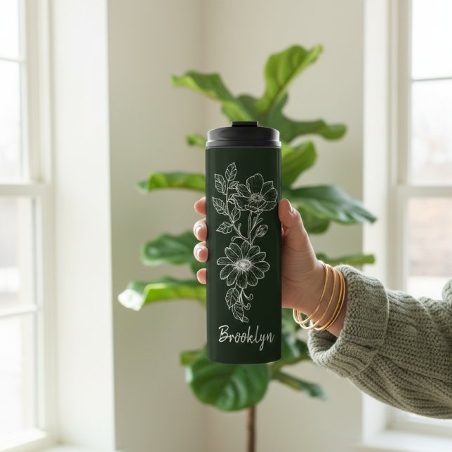 Termo Custom Green Floral Tumbler Gift for Bridesmaids (Deep Green Floral Thermal Tumbler Mothers Day Gift, Custom Wildflower Tumbler Christmas Gift for Mom)