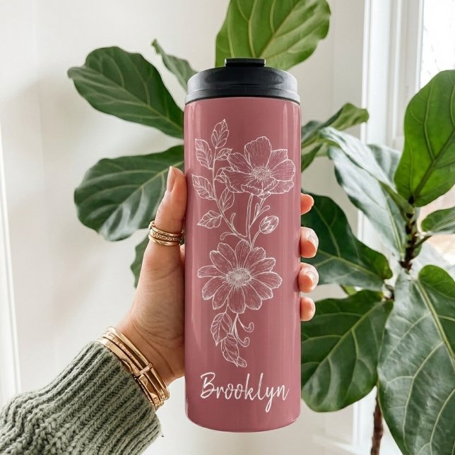 Termo Custom Pink Floral Tumbler Graduation Gift for Her (Custom Floral Tumbler Graduation Gift for Her, Elegant Rose Thermal Tumbler Christmas Gift for Mom)