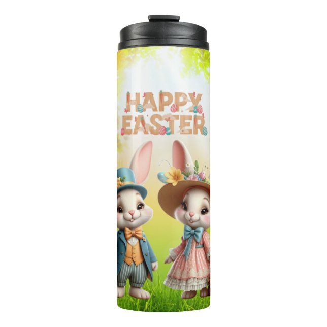 Termo Cuta, caprichosa Pascua feliz con 2 conejos (Anverso)