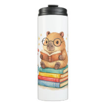 Cute Capybara Reading Books Watercolor 