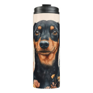 Termo Cute Dachshund con pintura de flores silvestres