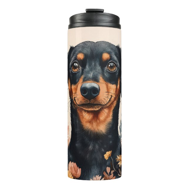 Termo Cute Dachshund con pintura de flores silvestres (Anverso)