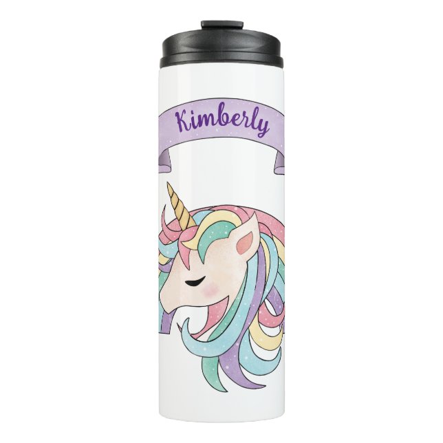 Termo Cute Unicornio Pastel y Arcoíris Brillante con Nom (Anverso)