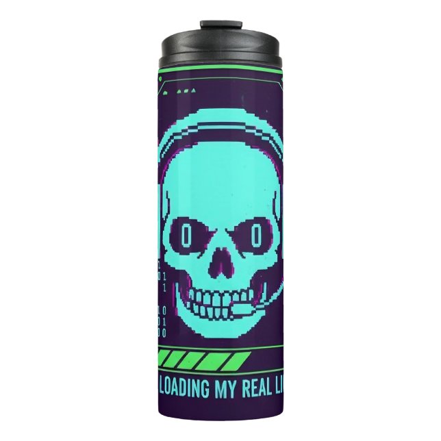 Termo ​Cyberpunk Pixel Skull Travel Mug - Loading My Rea (Anverso)