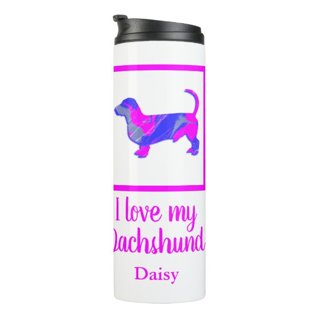 Termo Dachshund / Perro Daxie Silhouette rosa caliente y (Rotado hacia la derecha)