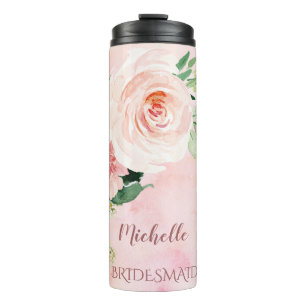 Termo Dama de honor floral rosa con nombre