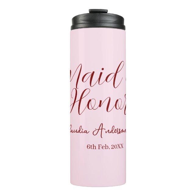 Termo Dama de honor rosa nombre fecha pastel (Anverso)