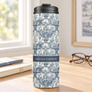 Termo Damás floral vintage Monograma azul toile de jouy
