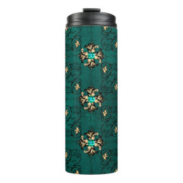 Termo Damasco vintage grunge azul turquesa y pavón dorad