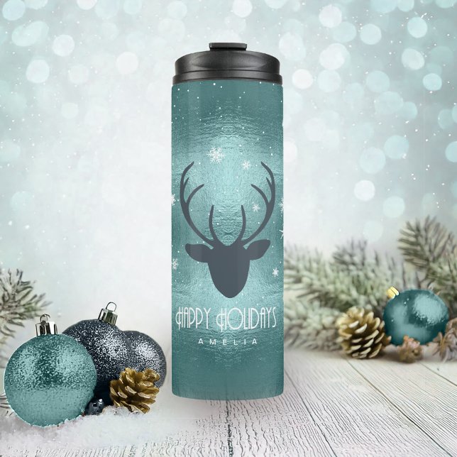 Termo Deer Antlers Silhouette & Snowflakes Verde azulada (Subido por el creador)