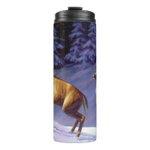 Termo Deer blanco y perro en la nieve de invierno