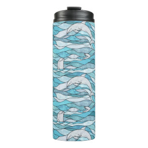 Termo Delfines de vidrio manchado del océano azul