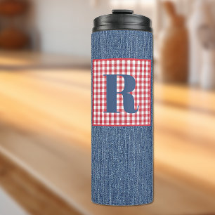Termo Denim azul, cheque rojo y blanco, inicial grande d