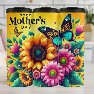 Termo Día de la Madre: girasoles, mariposas, alegría