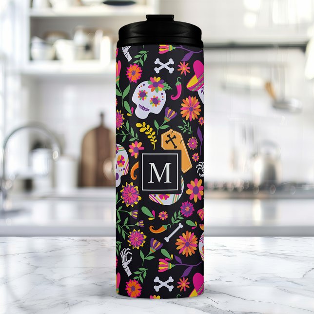 Termo Día de Muertos Patrón de Cráneo de Azúcar Monogram (Subido por el creador)