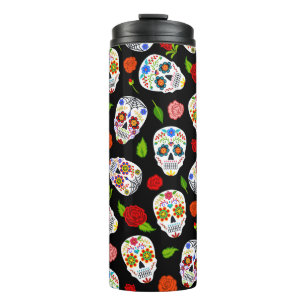 Termo Dia Los Muertos: patrón de cráneos de azúcar.