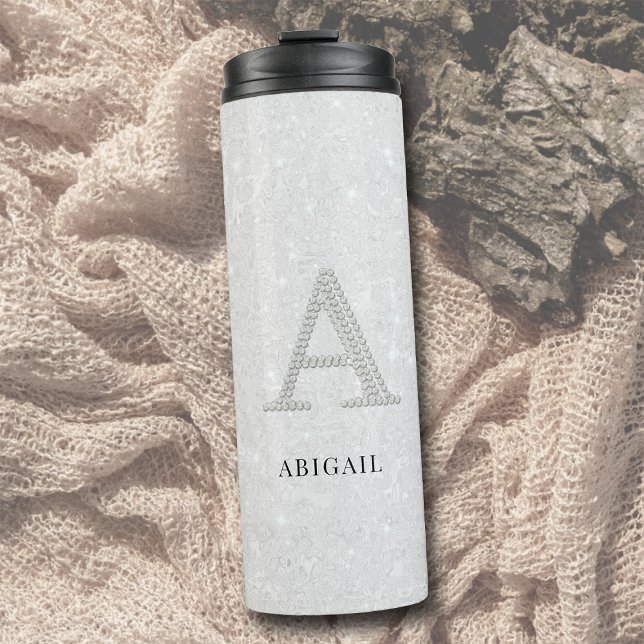 Termo Diamantes de imitación Monograma A Purpurina Espar (personalized tumbler monogram a rhinestone glitter sparkle white bridesmaid mom sister bestie gift)