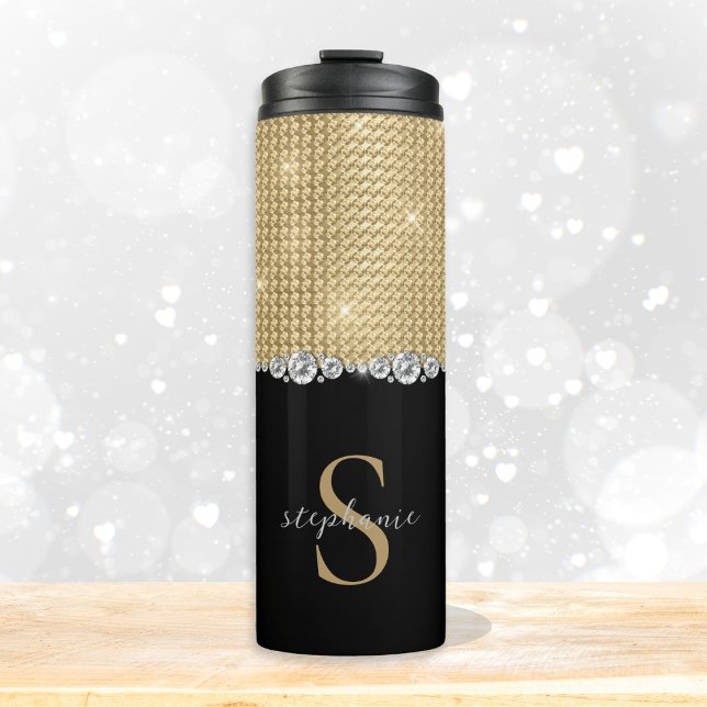 Termo Diamantes Monograma Oro Negro Lujo Sofisticado (Diamonds Monogram Gold Black Luxury Sophisticated Thermal Tumbler)