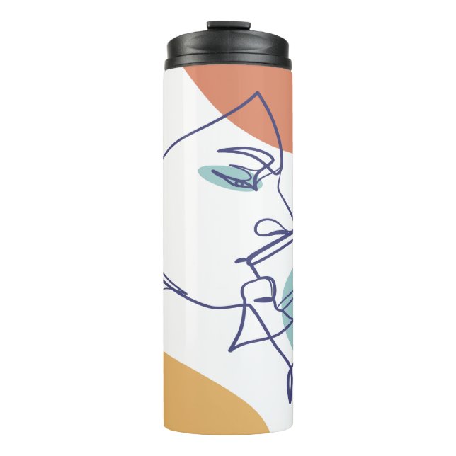 Termo dibujo de líneas poster de la mujer tomando café (Anverso)