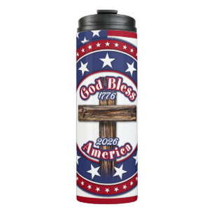 Termo Dios Bendiga América Cruz Áspera Bandera 1776-2026