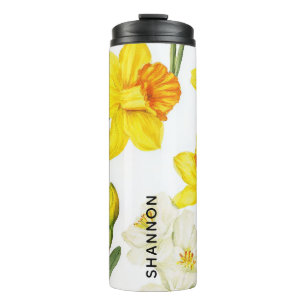 Termo Diseño Botánico Floral de Narciso en Acuarela Blan