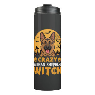 Termo Diseño de bruja loca de pastor alemán de Halloween