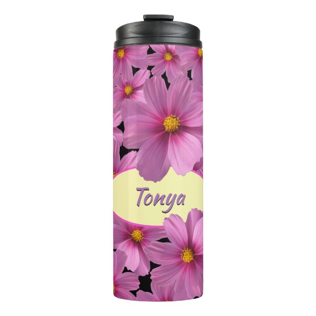 Termo Diseño de flores moradas de cosmos en un fondo neg (Anverso)