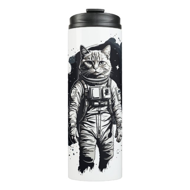 Termo Diseño de gato astronauta de tinta negra (Anverso)