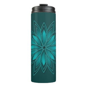 Termo Diseño de Mandala de Hoja Verde Azulada sobre Cian