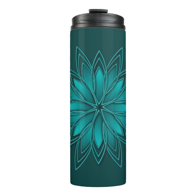 Termo Diseño de Mandala de Hoja Verde Azulada sobre Cian (Anverso)