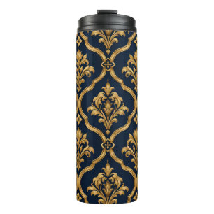 Termo Diseño de Motivo Vintage de Damasco Dorado y Azul 