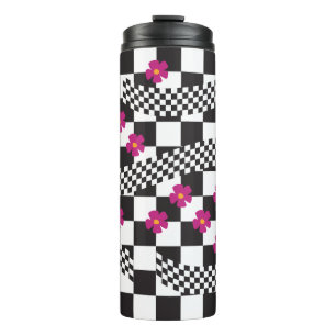 Termo Diseño de tablero de ajedrez retro con flores
