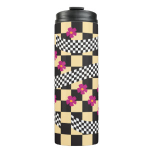 Termo Diseño de tablero de ajedrez retro con flores