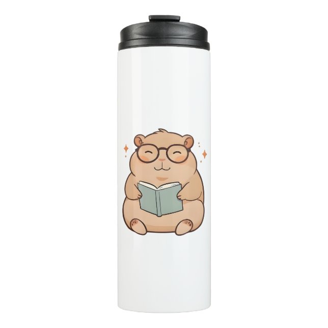 Termo Diseño Kawaii de Capybara Leyendo con Gafas (Anverso)