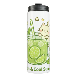 Termo Diseño Kawaii de Jugo de Lime Fresco y Gato Cuto